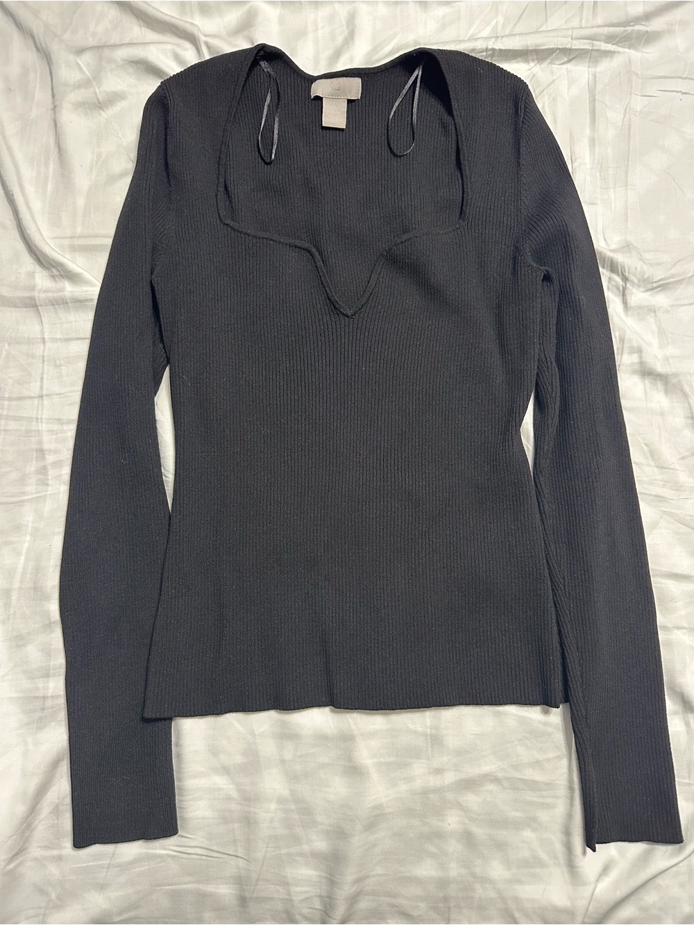 H&M Black Ribbed Long-Sleeve Top with V-Notch Tie Neck